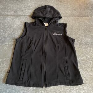 Harley Davidson Embroidered Hooded Cotton Knit Vest Womens Large Black Biker 90s